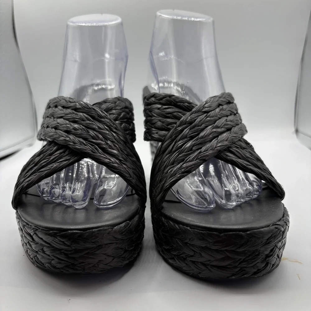 Marc Fisher Flynn Black Woven‎ Raffia Platform Wedge Sandals Womens Size 11M